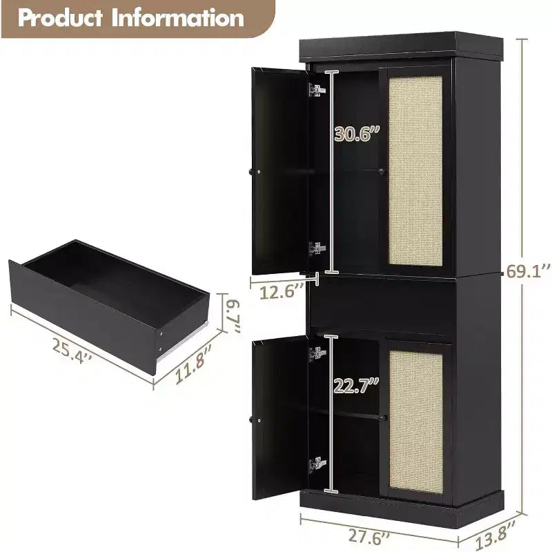 Mobiletto alto moderno da 69" in rattan con ante, ripiani regolabili e cassetto per bagno, sala da pranzo, soggiorno