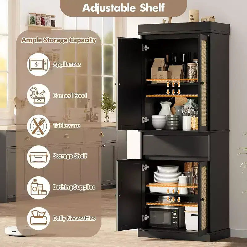Mobiletto alto moderno da 69" in rattan con ante, ripiani regolabili e cassetto per bagno, sala da pranzo, soggiorno