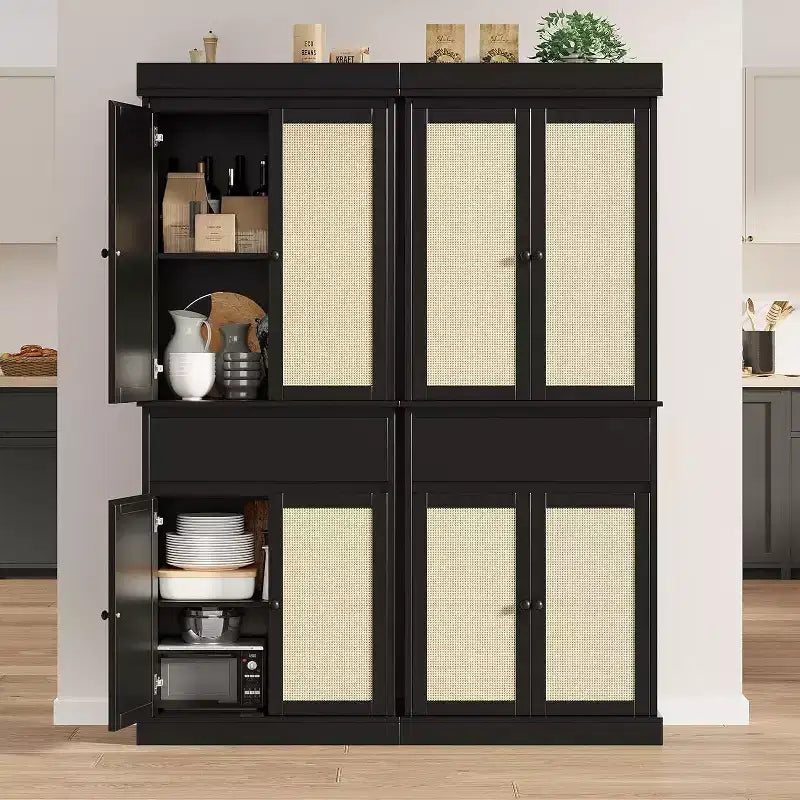 Mobiletto alto moderno da 69" in rattan con ante, ripiani regolabili e cassetto per bagno, sala da pranzo, soggiorno