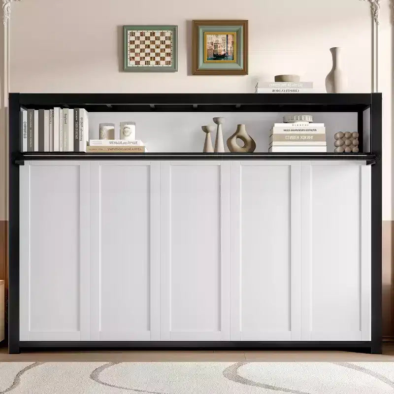 Letto a scomparsa matrimoniale con mensole, letto a muro in metallo dal design pieghevole per piccoli spazi