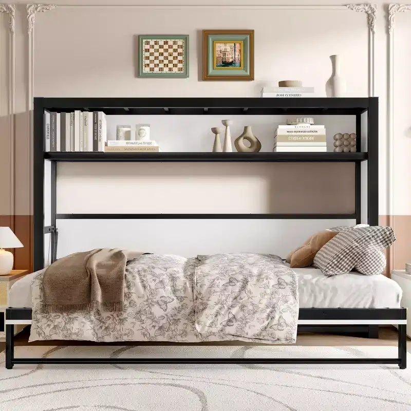 Letto a scomparsa matrimoniale con mensole, letto a muro in metallo dal design pieghevole per piccoli spazi