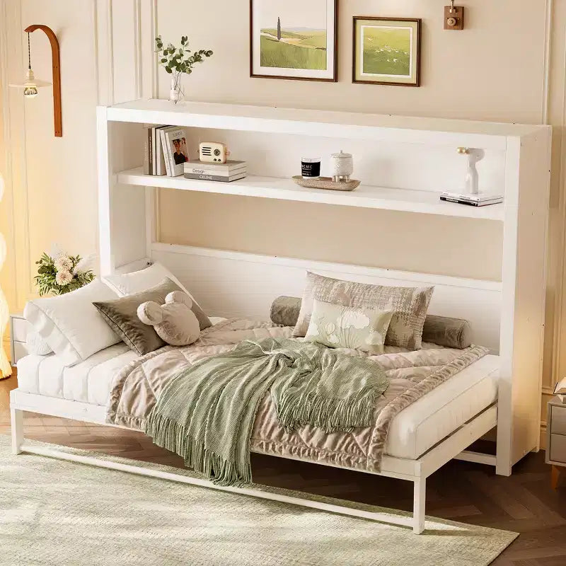 Letto a scomparsa matrimoniale con mensole, letto a muro in metallo dal design pieghevole per piccoli spazi
