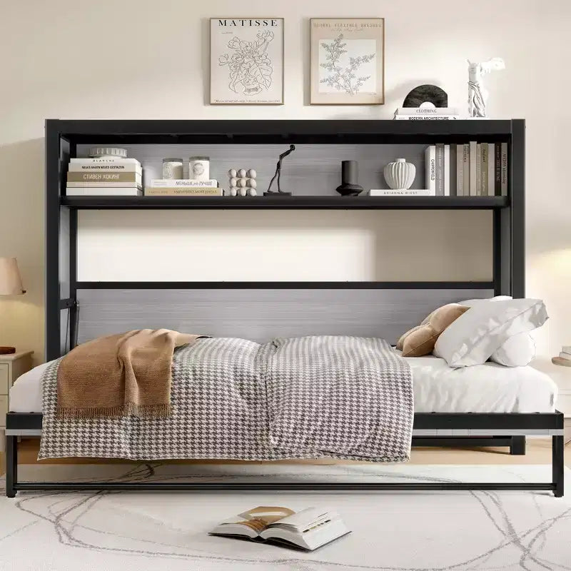 Letto a scomparsa matrimoniale con mensole, letto a muro in metallo dal design pieghevole per piccoli spazi