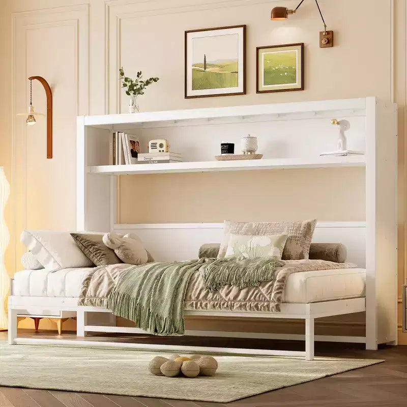 Letto a scomparsa matrimoniale con mensole, letto a muro in metallo dal design pieghevole per piccoli spazi