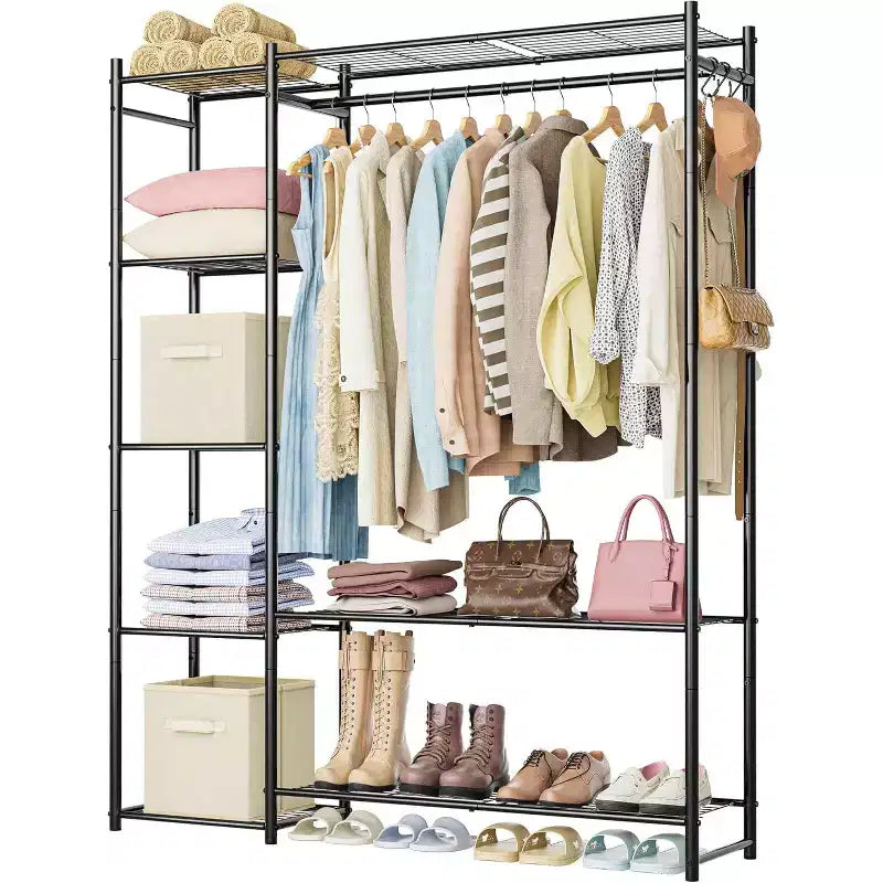 Armadio Guardaroba,Appendiabiti Portatile con 4 Ripiani,Asta Porta Abiti Indipendente in Acciaio Adatta per Guardaroba,Camere da Letto,Ingressi,ecc.Nero