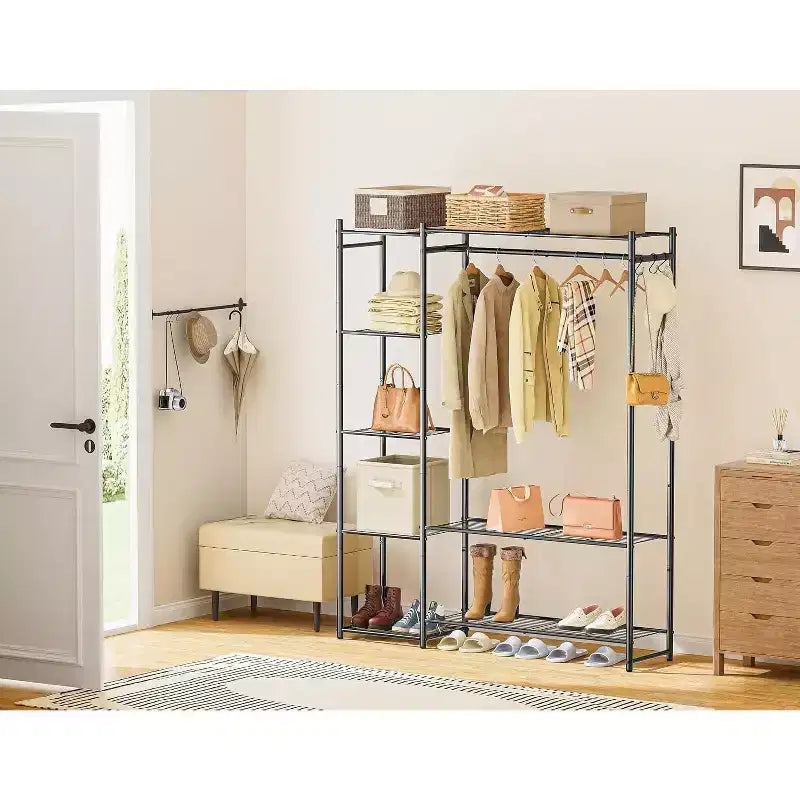 Armadio Guardaroba,Appendiabiti Portatile con 4 Ripiani,Asta Porta Abiti Indipendente in Acciaio Adatta per Guardaroba,Camere da Letto,Ingressi,ecc.Nero