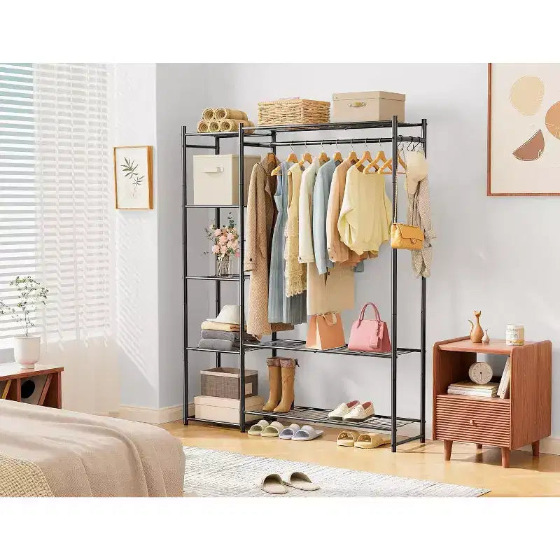 Armadio Guardaroba,Appendiabiti Portatile con 4 Ripiani,Asta Porta Abiti Indipendente in Acciaio Adatta per Guardaroba,Camere da Letto,Ingressi,ecc.Nero