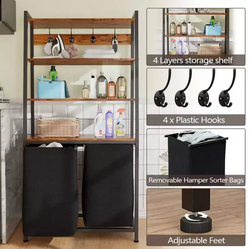 Cesto portabiancheria doppio con ripiano, cesto portabiancheria alto a 4 livelli con due borse rimovibili, organizer per vestiti e ganci per bagno e camera da letto