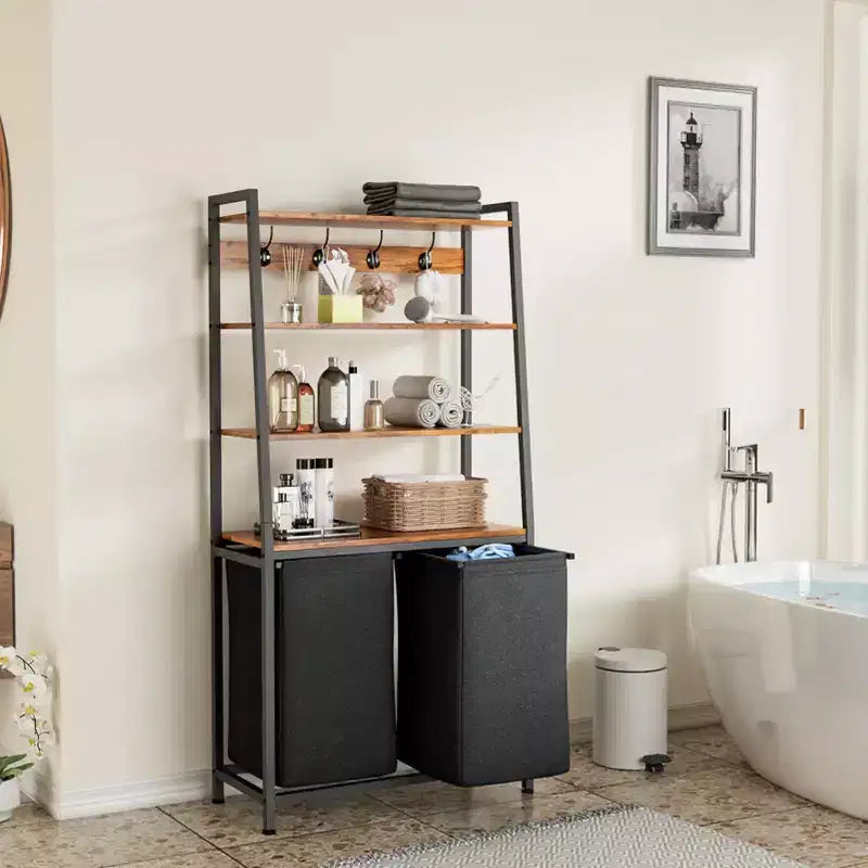 Cesto portabiancheria doppio con ripiano, cesto portabiancheria alto a 4 livelli con due borse rimovibili, organizer per vestiti e ganci per bagno e camera da letto