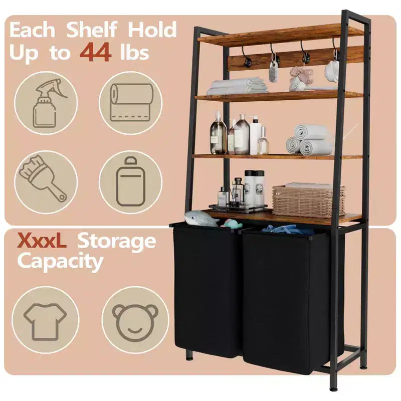 Cesto portabiancheria doppio con ripiano, cesto portabiancheria alto a 4 livelli con due borse rimovibili, organizer per vestiti e ganci per bagno e camera da letto