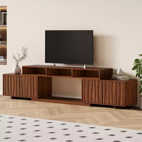 ATJafurn 62.9-98.4 Brown Expandable TV Stand, Wooden Media Console for Living Room, Mid Century Modern Entertainment Center with Storage