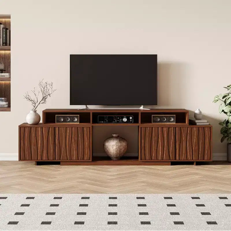 62.9-98.4 Mobile TV Espandibile Marrone, Consolle in Legno per Soggiorno, Mobile Entertainment Center Moderno di Metà Secolo con Contenitore