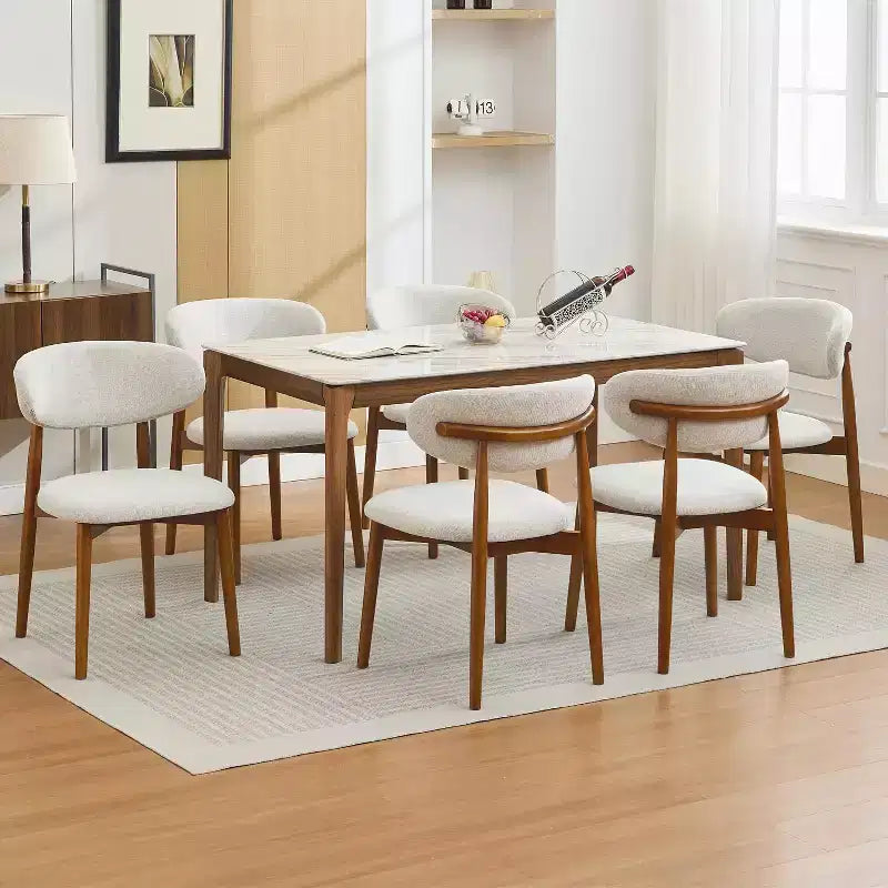 Sedie da pranzo in lino beige, stile moderno rustico, con seduta imbottita e gambe in legno marrone per sala da pranzo