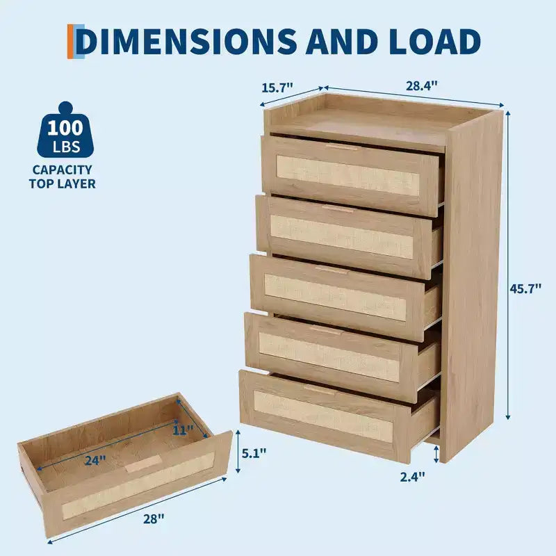 Cassettiera alta 46'' a 5 cassetti, Comò a 5 cassetti in Rattan per Camera da Letto Soggiorno Ingresso