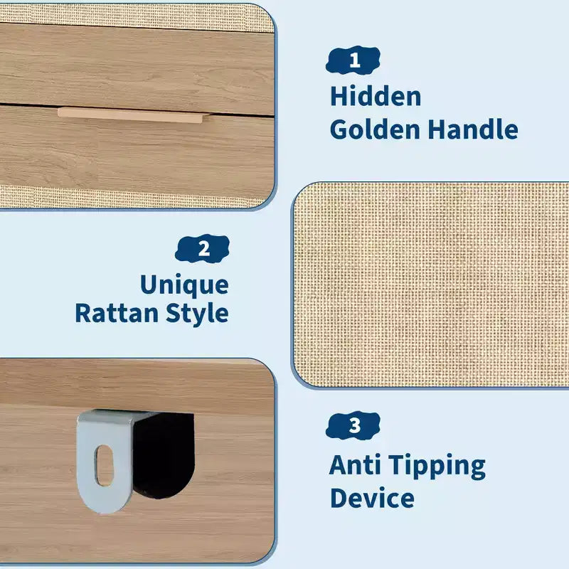 Cassettiera alta 46'' a 5 cassetti, Comò a 5 cassetti in Rattan per Camera da Letto Soggiorno Ingresso