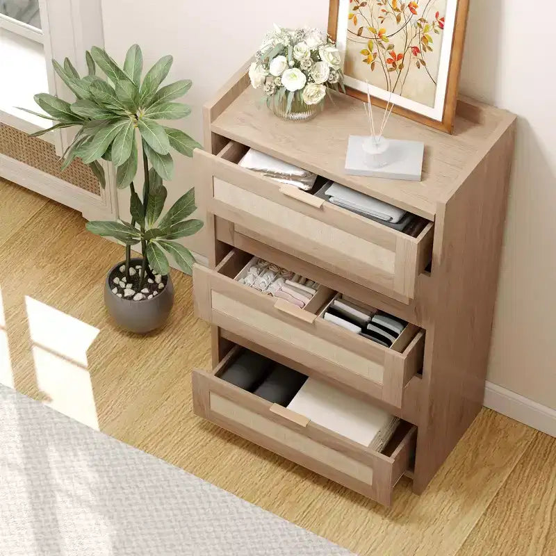 Cassettiera alta 46'' a 5 cassetti, Comò a 5 cassetti in Rattan per Camera da Letto Soggiorno Ingresso