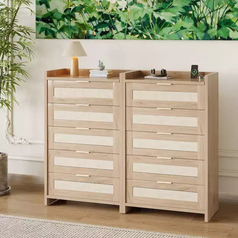 Cassettiera alta 46'' a 5 cassetti, Comò a 5 cassetti in Rattan per Camera da Letto Soggiorno Ingresso