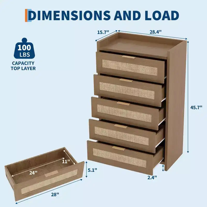 Cassettiera alta 46'' a 5 cassetti, Comò a 5 cassetti in Rattan per Camera da Letto Soggiorno Ingresso