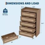 Cassettiera alta 46'' a 5 cassetti, Comò a 5 cassetti in Rattan per Camera da Letto Soggiorno Ingresso