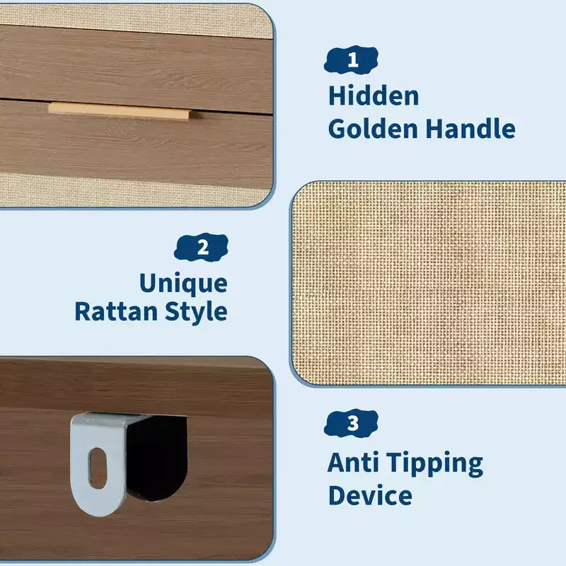 Cassettiera alta 46'' a 5 cassetti, Comò a 5 cassetti in Rattan per Camera da Letto Soggiorno Ingresso