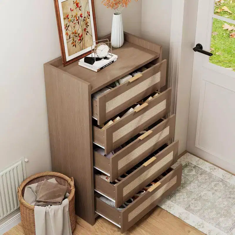 Cassettiera alta 46'' a 5 cassetti, Comò a 5 cassetti in Rattan per Camera da Letto Soggiorno Ingresso