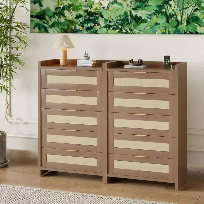 Cassettiera alta 46'' a 5 cassetti, Comò a 5 cassetti in Rattan per Camera da Letto Soggiorno Ingresso
