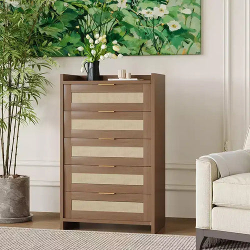 Garvee 46'' Tall 5 Drawer Dresser, 5 Drawer Chest Rattan Dresser for Bedroom Living Room Hallway