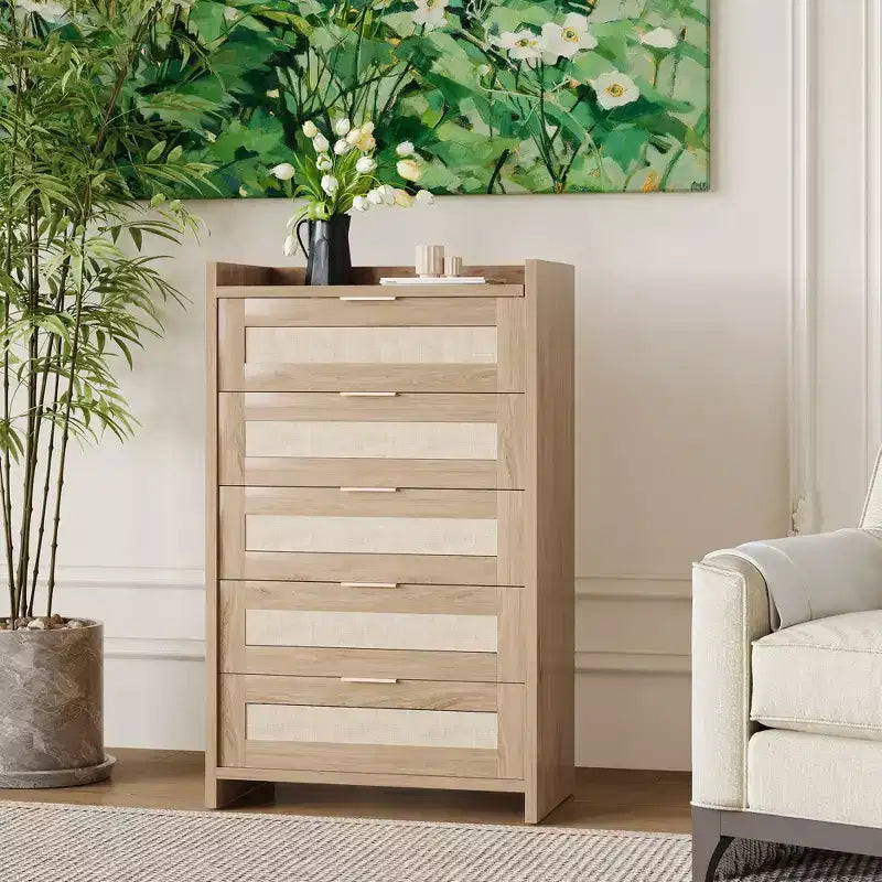 Cassettiera alta 46'' a 5 cassetti, Comò a 5 cassetti in Rattan per Camera da Letto Soggiorno Ingresso