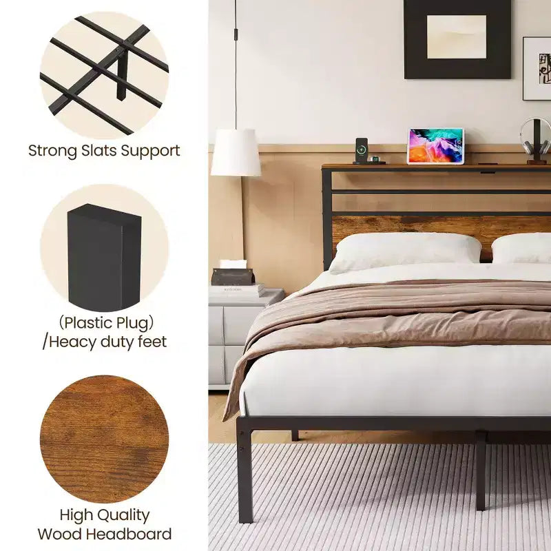 Base letto matrimoniale con stazione di ricarica, letto a piattaforma con doghe in metallo, testiera imbottita con ripiani, nessun box spring necessario
