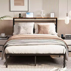 Queen Size Bed Frame with Charging Station, Platform Bed with Metal Slats, Upholstered Headboard with Storage Shelves, No Box Spring Needed