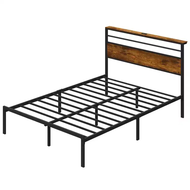 Base letto matrimoniale con stazione di ricarica, letto a piattaforma con doghe in metallo, testiera imbottita con ripiani, nessun box spring necessario