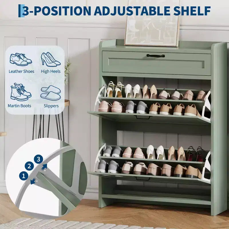 Scarpiera Verde Lucida, 80 cm di Larghezza, con 2 Cassetti Ribaltabili, Organizzatore Autoportante con Contenitore Nascosto per Ingresso e Corridoio