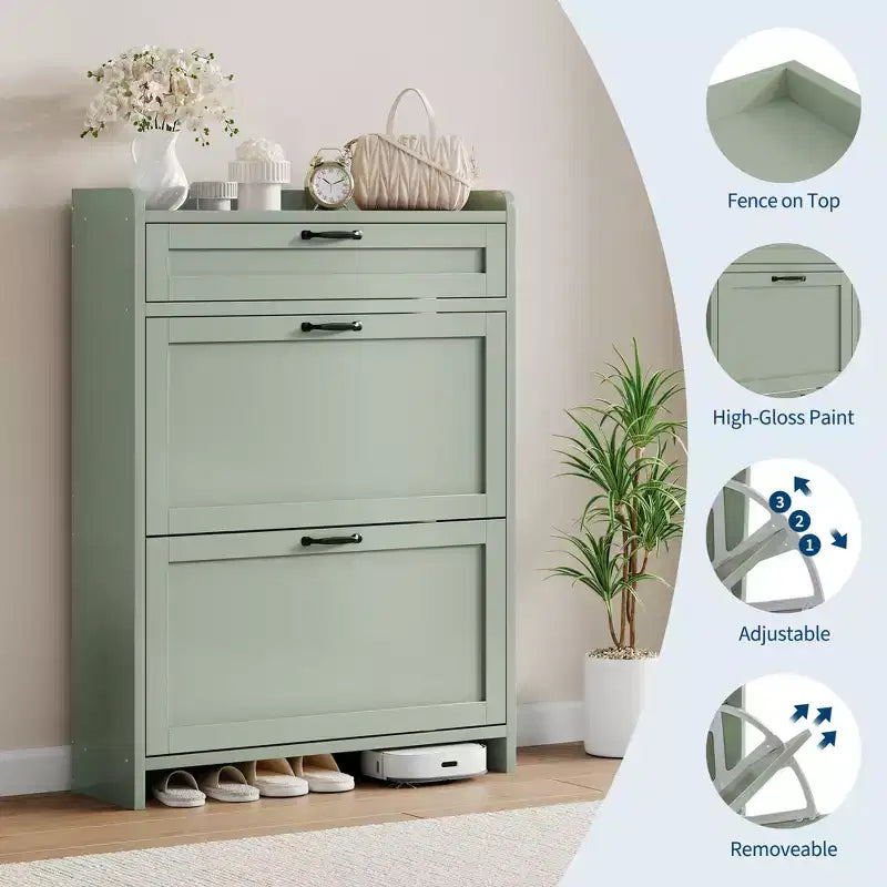 Scarpiera Verde Lucida, 80 cm di Larghezza, con 2 Cassetti Ribaltabili, Organizzatore Autoportante con Contenitore Nascosto per Ingresso e Corridoio