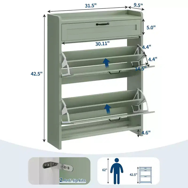 Scarpiera Verde Lucida, 80 cm di Larghezza, con 2 Cassetti Ribaltabili, Organizzatore Autoportante con Contenitore Nascosto per Ingresso e Corridoio