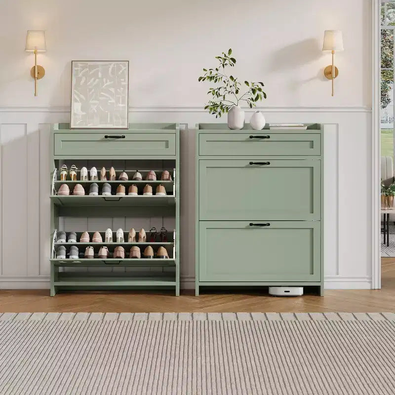 Scarpiera Verde Lucida, 80 cm di Larghezza, con 2 Cassetti Ribaltabili, Organizzatore Autoportante con Contenitore Nascosto per Ingresso e Corridoio