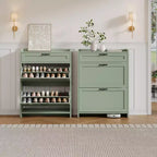 Scarpiera Verde Lucida, 80 cm di Larghezza, con 2 Cassetti Ribaltabili, Organizzatore Autoportante con Contenitore Nascosto per Ingresso e Corridoio