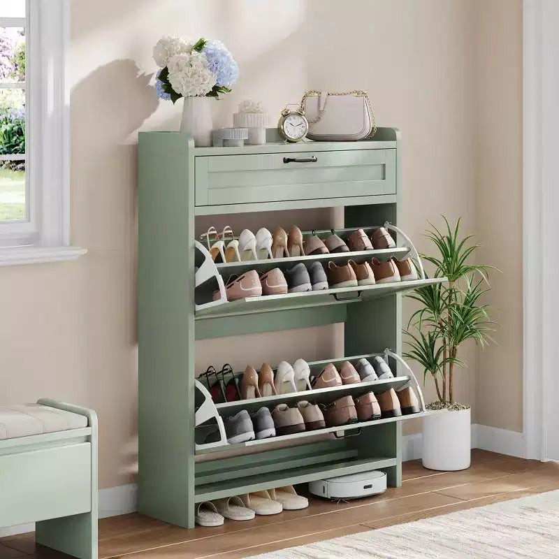 Scarpiera Verde Lucida, 80 cm di Larghezza, con 2 Cassetti Ribaltabili, Organizzatore Autoportante con Contenitore Nascosto per Ingresso e Corridoio