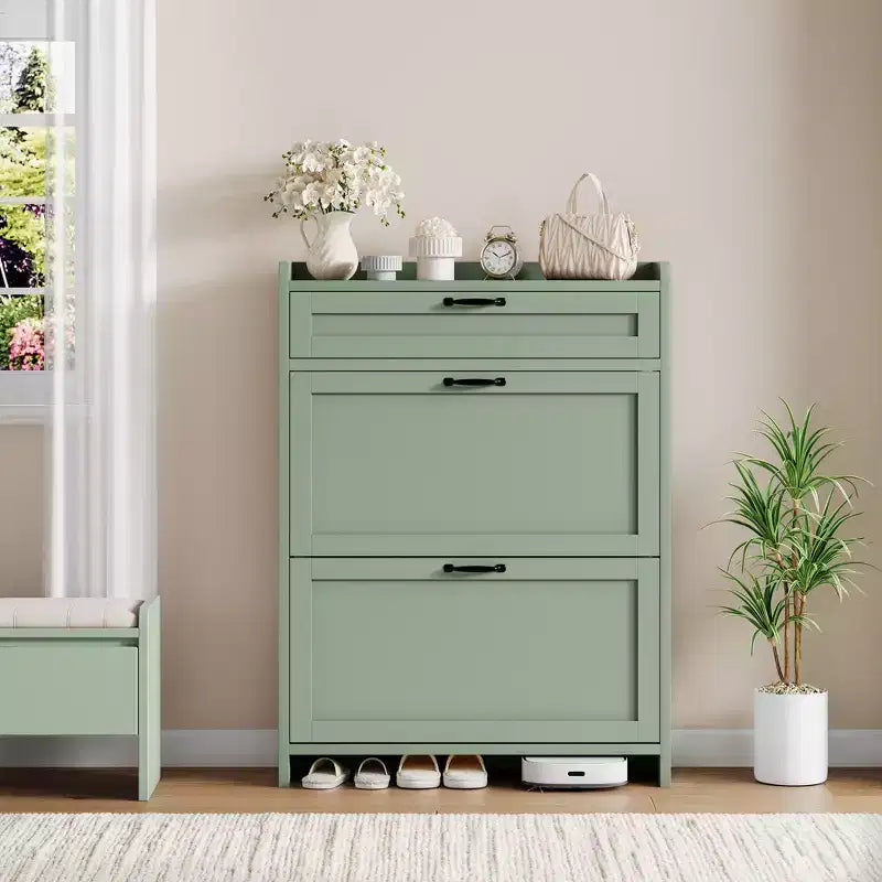 Scarpiera Verde Lucida, 80 cm di Larghezza, con 2 Cassetti Ribaltabili, Organizzatore Autoportante con Contenitore Nascosto per Ingresso e Corridoio