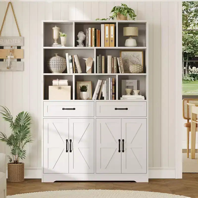 Libreria a 6 Ripiani Alta 180 cm con 8 Vani 2 Cassetti 4 Ante per Soggiorno Ufficio