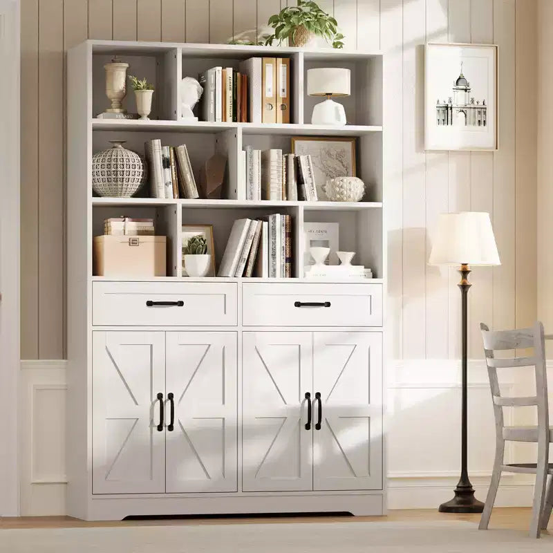 Libreria a 6 Ripiani Alta 180 cm con 8 Vani 2 Cassetti 4 Ante per Soggiorno Ufficio