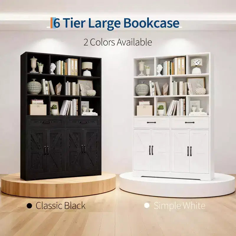Libreria a 6 Ripiani Alta 180 cm con 8 Vani 2 Cassetti 4 Ante per Soggiorno Ufficio