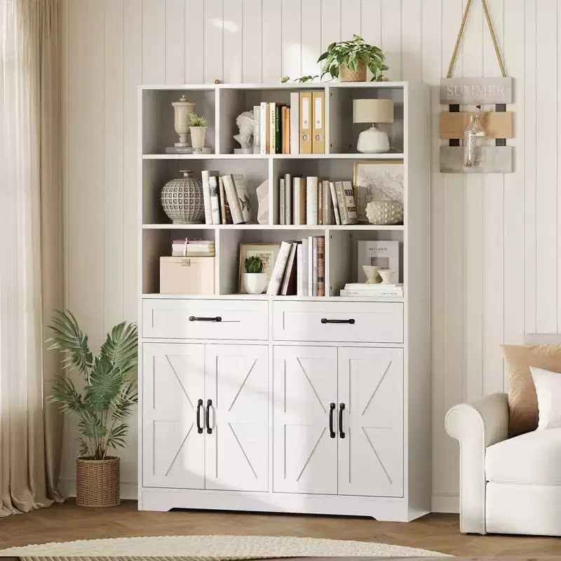 Libreria a 6 Ripiani Alta 180 cm con 8 Vani 2 Cassetti 4 Ante per Soggiorno Ufficio