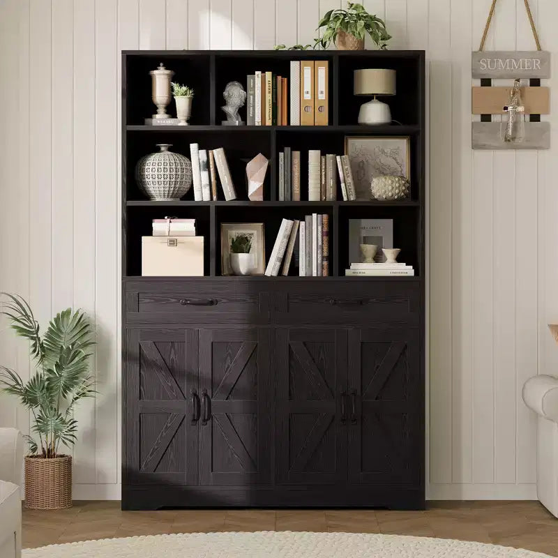 Libreria a 6 Ripiani Alta 180 cm con 8 Vani 2 Cassetti 4 Ante per Soggiorno Ufficio