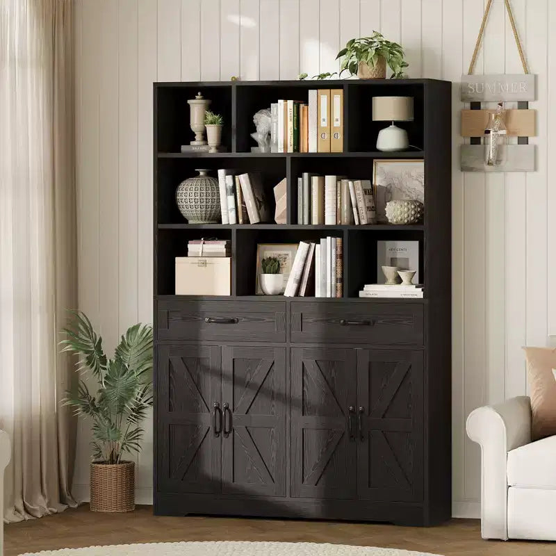 Libreria a 6 Ripiani Alta 180 cm con 8 Vani 2 Cassetti 4 Ante per Soggiorno Ufficio