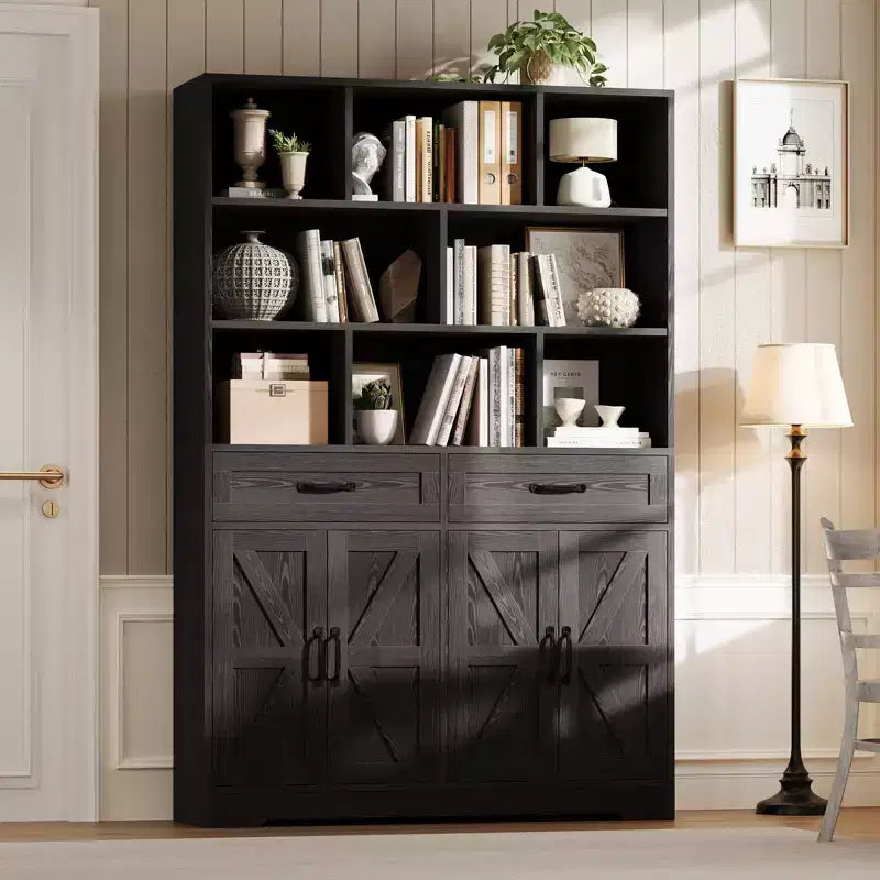 Libreria a 6 Ripiani Alta 180 cm con 8 Vani 2 Cassetti 4 Ante per Soggiorno Ufficio