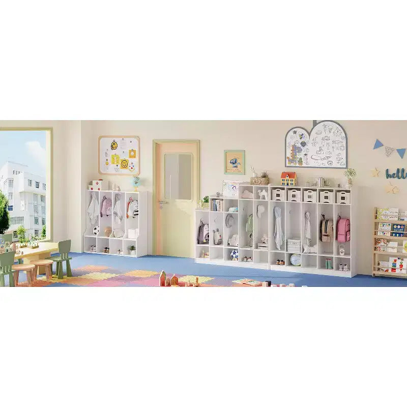 Armadietto a 4 sezioni per cappotti per bambini con 4 scomparti e 8 ganci per aula, asilo nido e casa