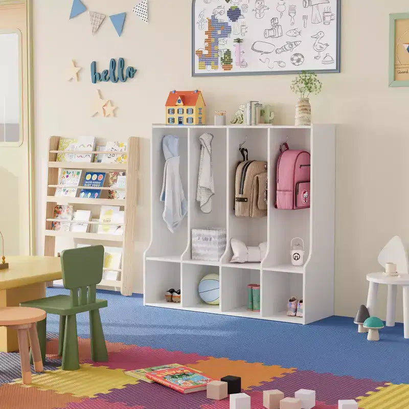 Armadietto a 4 sezioni per cappotti per bambini con 4 scomparti e 8 ganci per aula, asilo nido e casa