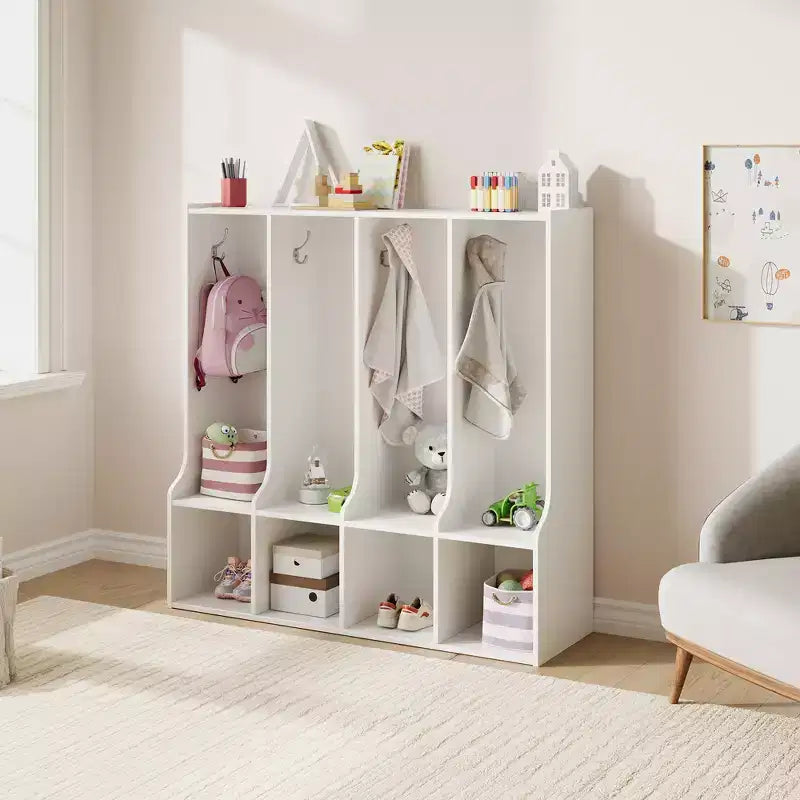 Armadietto a 4 sezioni per cappotti per bambini con 4 scomparti e 8 ganci per aula, asilo nido e casa