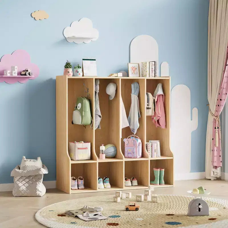 Armadietto a 4 sezioni per cappotti per bambini con 4 scomparti e 8 ganci per aula, asilo nido e casa