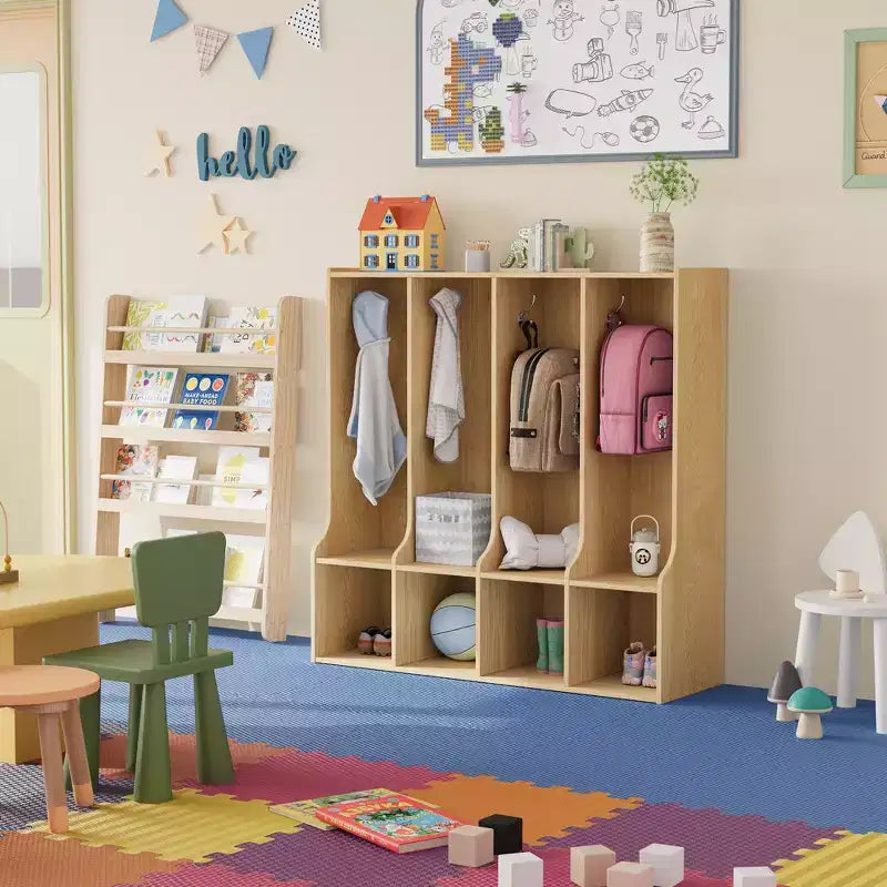 Armadietto a 4 sezioni per cappotti per bambini con 4 scomparti e 8 ganci per aula, asilo nido e casa